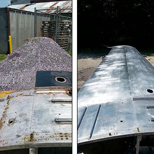 photo showing viewer a before and after restoration of a 1946 navion airplane wing beautiful